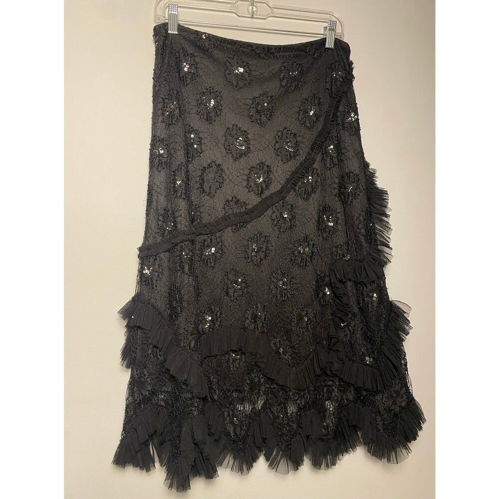 Y2K Whimsigoth Medium Fairy Grunge Midi Skirt Sheer Lace Beaded Tulle Sequins